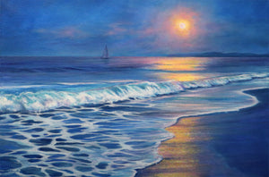 Impressionist seascape painting of moonlight reflecting on waves and a sailboat in the distance.