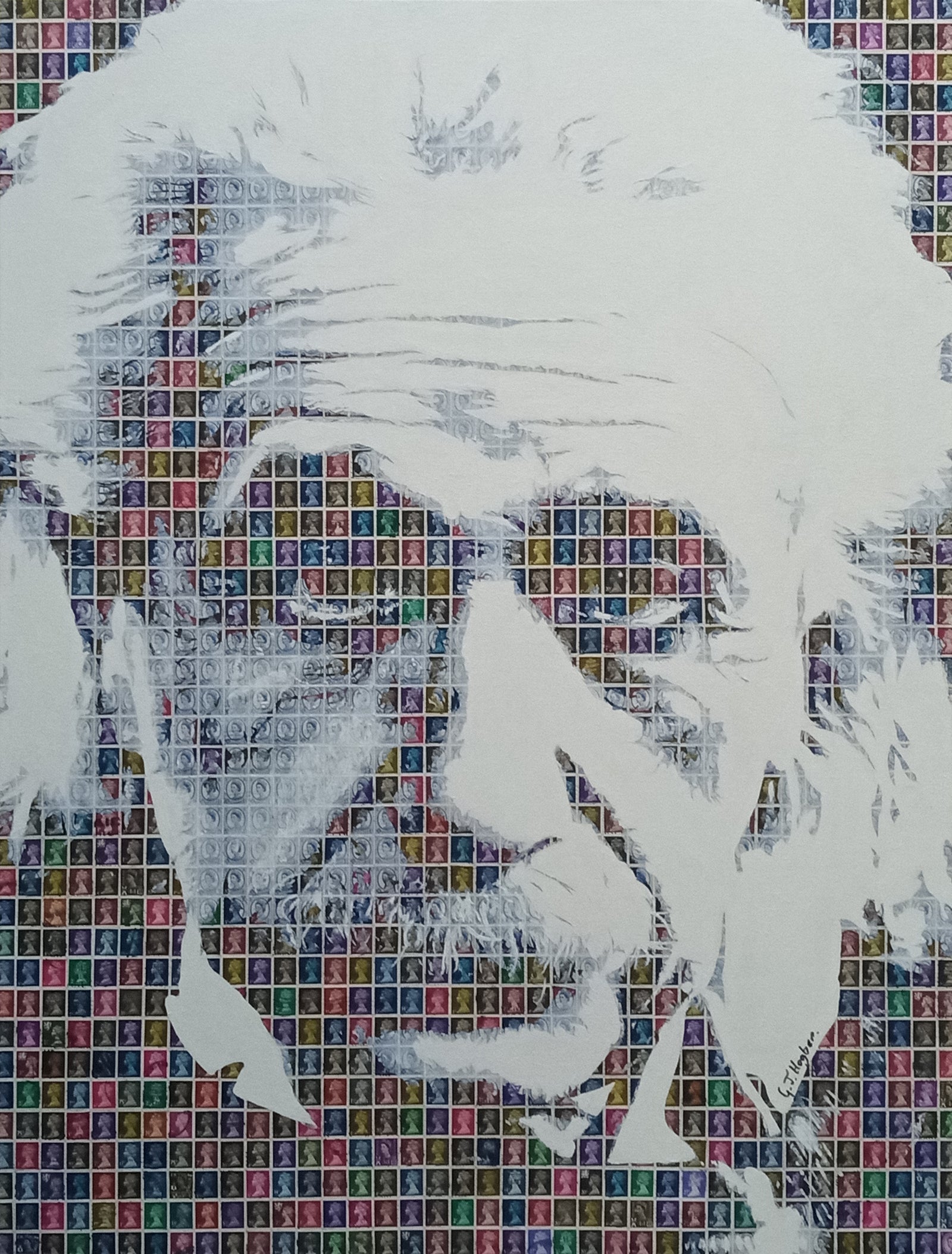 Albert Einstein mixed media portrait made from British postage stamps and acrylic detailing, showcasing artistic craftsmanship.