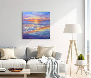 Evening Tides Art Impressionist Seascape Painting displayed in a modern living room with coastal decor.