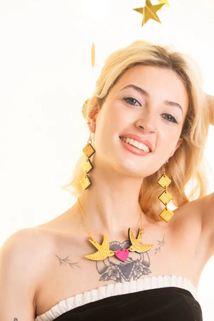 Golden Swallow and Heart Necklace Handmade Leather