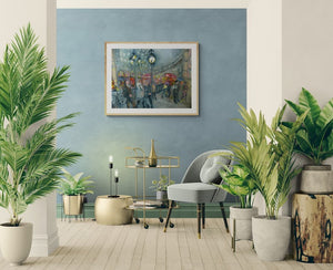 Piccadilly Circus original impressionistic London painting displayed in a stylish room with plants.
