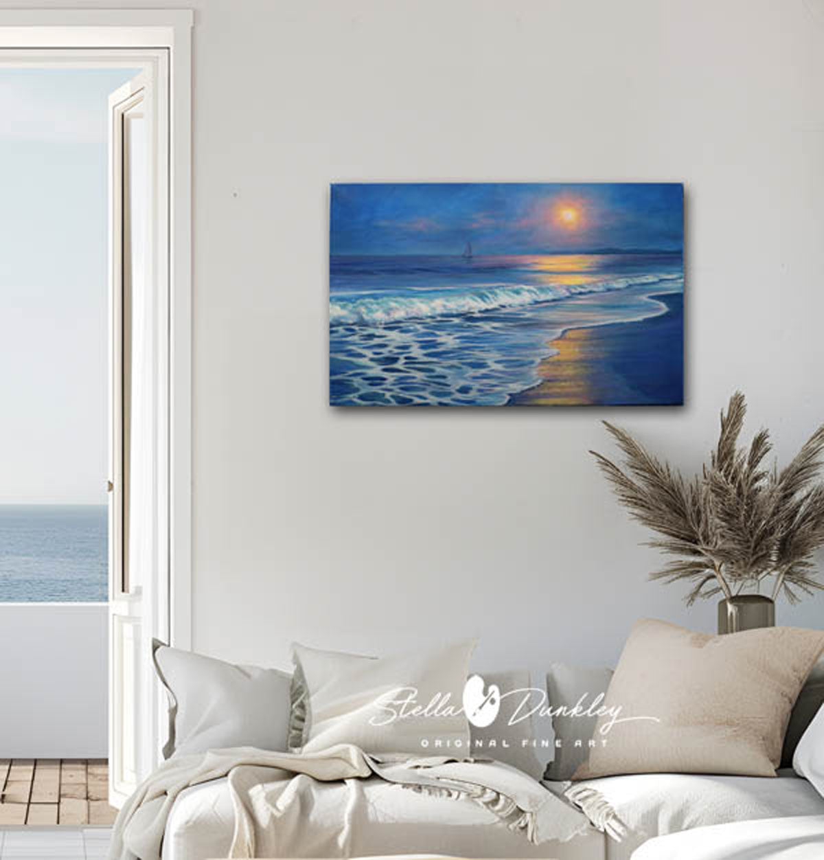 Moonlight Sailing impressionist seascape painting displayed in a coastal living room with ocean view.