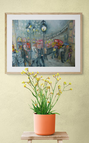 Piccadilly Circus original impressionistic London painting showcasing vibrant city life and historic architecture.