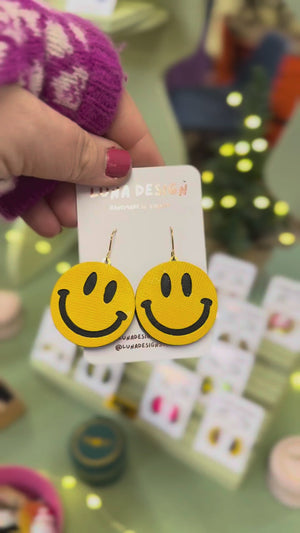 Yellow Smiley Face Leather Earrings Statement