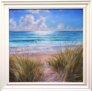 Impressionist seascape painting "Shoreline Serenity" depicting a tranquil beach scene with dune grasses and a shimmering sea.