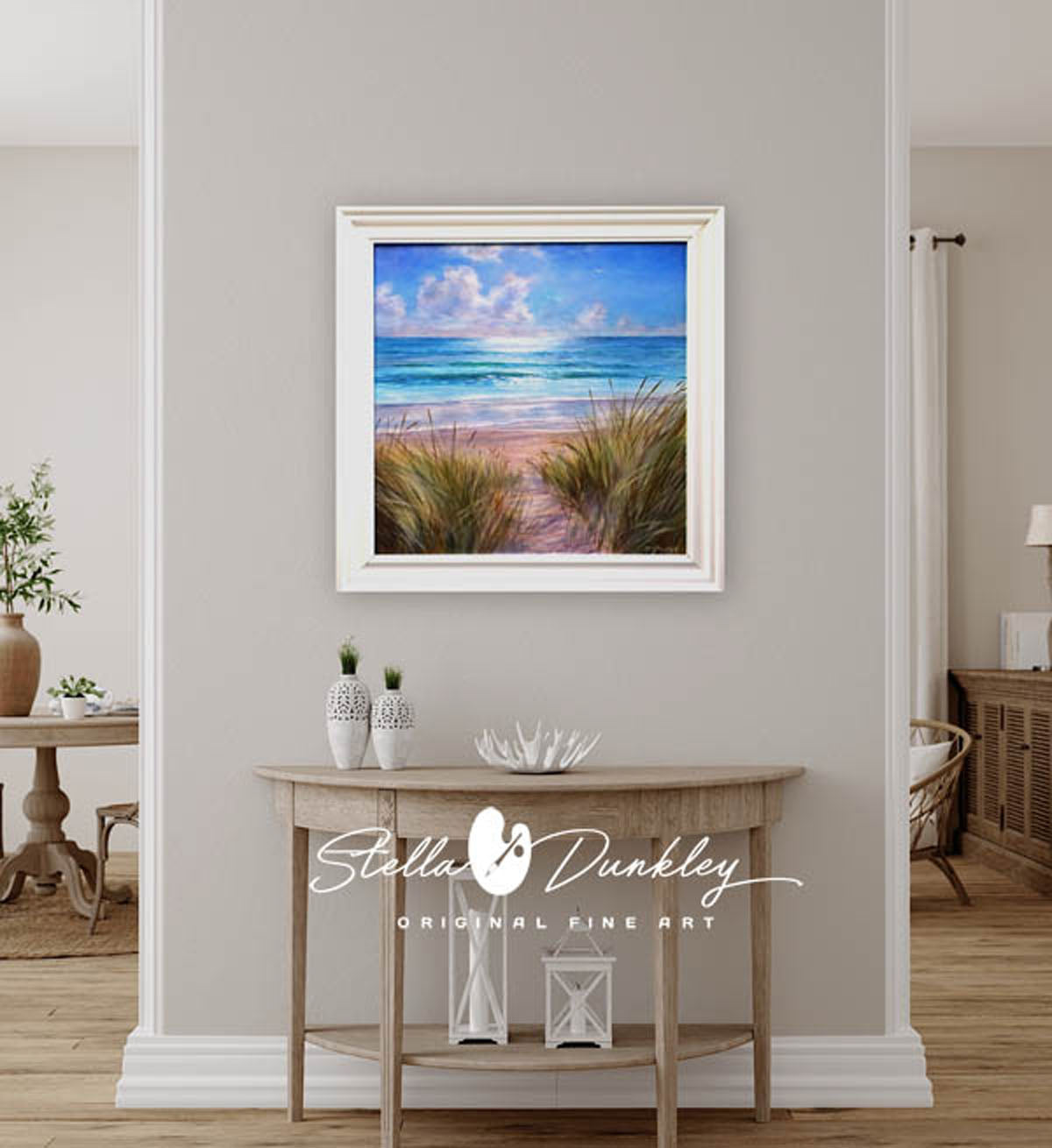 Impressionist seascape painting "Shoreline Serenity" displayed in a modern living room with neutral decor.