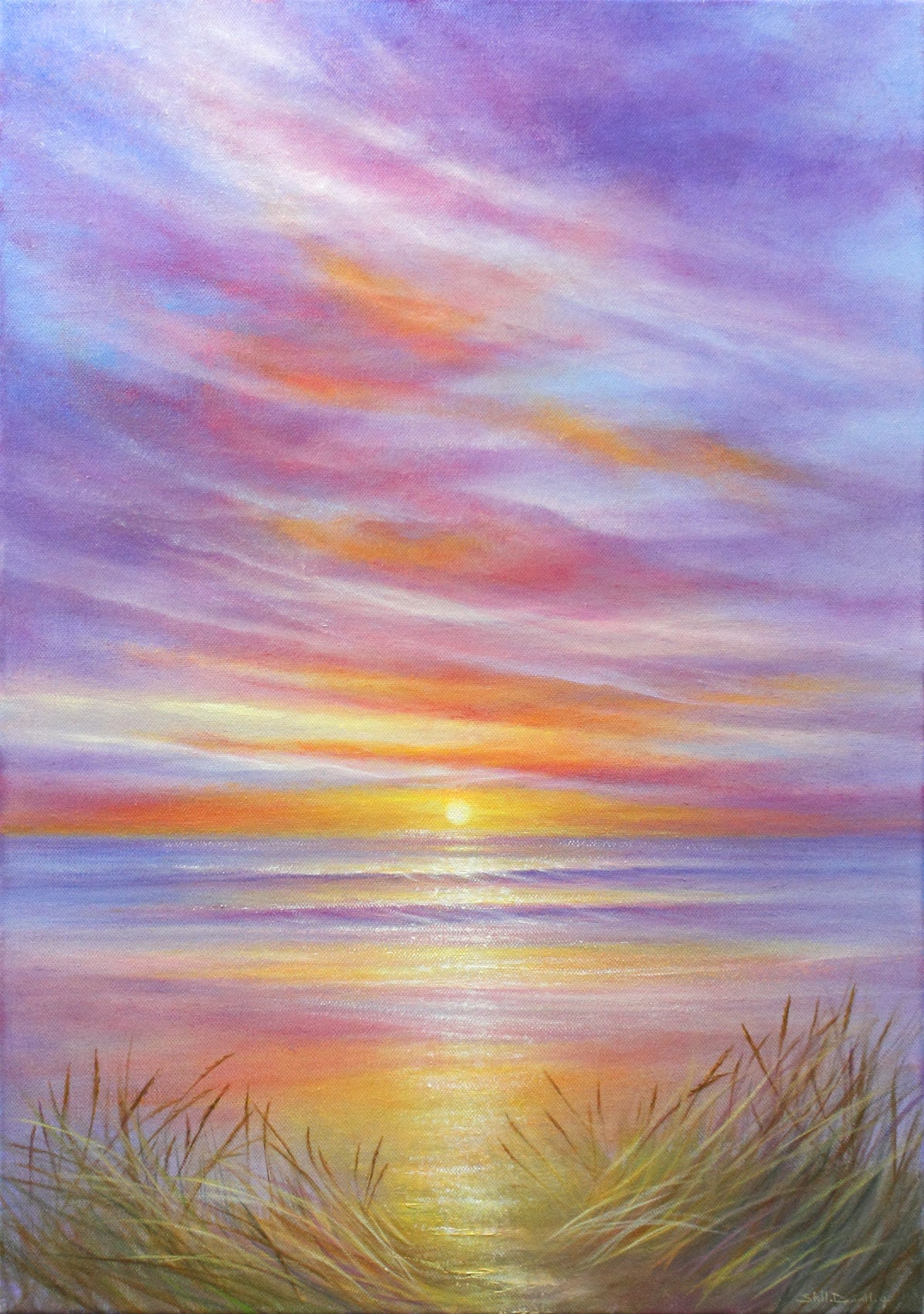 Summer sunset impressionist coastal painting with vibrant hues of orange, pink, and gold reflecting on tranquil waters.