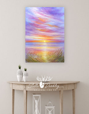 Impressionist coastal painting of a Summer Sunset with warm colors glowing over the shoreline and dune grasses.