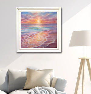 An impressionist coastal sunset painting titled 'The Saffron Tide' illuminating a serene living room.