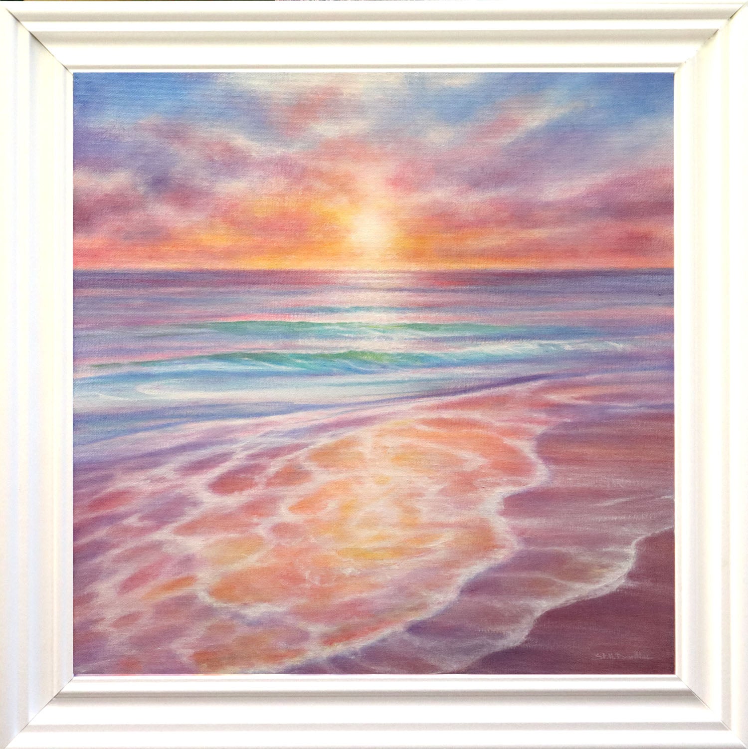 Impressionist coastal sunset painting featuring a vibrant sunset over the sea with gentle waves and warm colors.